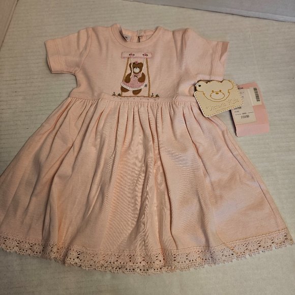 New Soft Pink 3D Embroidered Teddy Bear Girls Baby Infant Dress Flower Lace